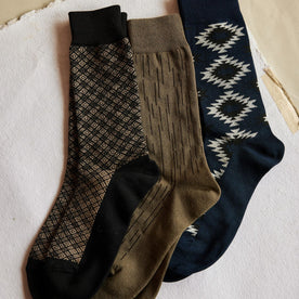 The Crew Sock in Coal Jacquard, Navy Kilim and Raindrop Camo, Accessories by Taylor Stitch