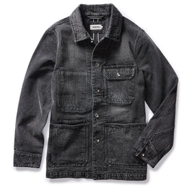 flatlay of The Fremont Jacket in Black 3-Month Wash Selvage Denim, Outerwear by Taylor Stitch