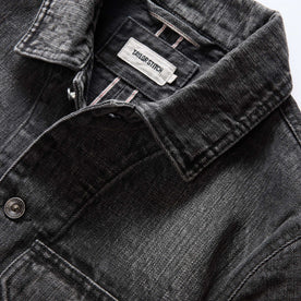 material shot of the collar on The Fremont Jacket in Black 3-Month Wash Selvage Denim, Outerwear by Taylor Stitch