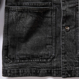 material shot of the front pockets on The Fremont Jacket in Black 3-Month Wash Selvage Denim, Outerwear by Taylor Stitch