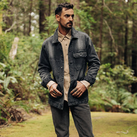 fit model in The Fremont Jacket in Black 3-Month Wash Selvage Denim, Outerwear by Taylor Stitch