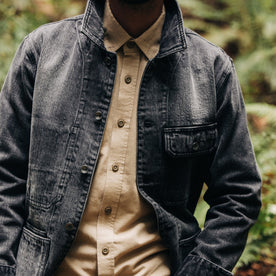 fit model showing the front of The Fremont Jacket in Black 3-Month Wash Selvage Denim, Outerwear by Taylor Stitch