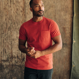 fit model in The Heavy Bag Tee in Cardinal, Knits by Taylor Stitch