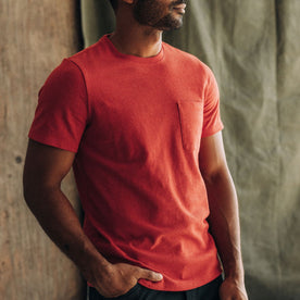 fit model in The Heavy Bag Tee in Cardinal, Knits by Taylor Stitch