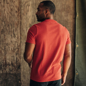 fit model showing the back of The Heavy Bag Tee in Cardinal, Knits by Taylor Stitch