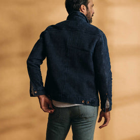 fit model showing off the back of The Long Haul Jacket in Indigo Waffle, Outerwear by Taylor Stitch