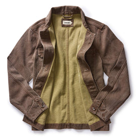 flatlay of The Longshore Jacket in Aged Penny Chipped Canvas, shown open, Outerwear by Taylor Stitch