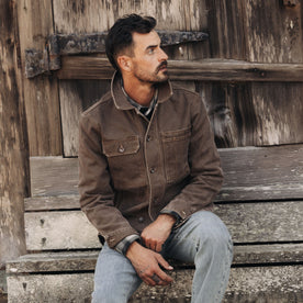 fit model in The Longshore Jacket in Aged Penny Chipped Canvas, Outerwear by Taylor Stitch