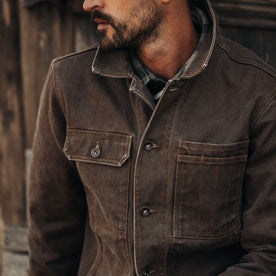 fit model showing the front of The Longshore Jacket in Aged Penny Chipped Canvas, Outerwear by Taylor Stitch