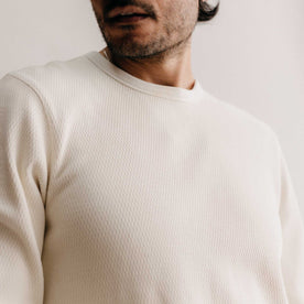 fit model showing the waffle texture on The Organic Cotton Waffle Crew in Natural, Knits by Taylor Stitch