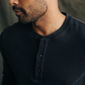 fit model showing the front placket on The Organic Cotton Waffle Henley in Coal, Knits by Taylor Stitch