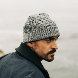 fit model in The Orr Beanie in Marled Coal, Accessories by Taylor Stitch