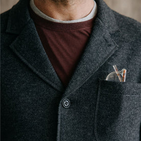 fit model showing the front lapel of The Ridgewood Cardigan in Charcoal Birdseye Wool, Knits by Taylor Stitch