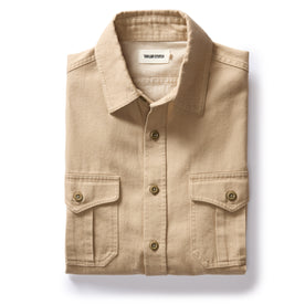 flatlay of The Saddler Shirt in Light Khaki Twill, Wovens by Taylor Stitch