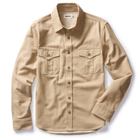 flatlay of The Saddler Shirt in Light Khaki Twill, shown in full, Wovens by Taylor Stitch