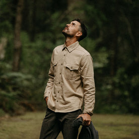 fit model in The Saddler Shirt in Light Khaki Twill, Wovens by Taylor Stitch