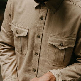 fit model showing the front of The Saddler Shirt in Light Khaki Twill, Wovens by Taylor Stitch