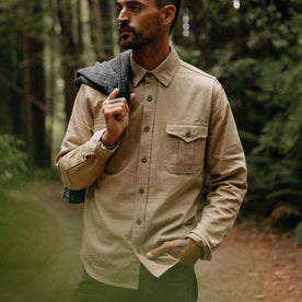 fit model wearing The Saddler Shirt in Light Khaki Twill, Wovens by Taylor Stitch