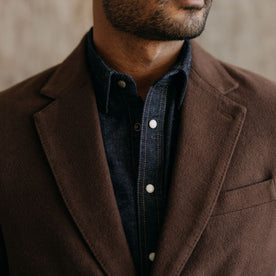 fit model showing the lapel on The Sheffield Sportcoat in Dark Chestnut Moleskin, Outerwear by Taylor Stitch