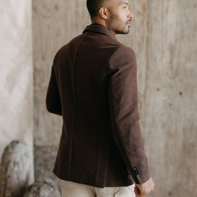 fit model showing the back of The Sheffield Sportcoat in Dark Chestnut Moleskin, Outerwear by Taylor Stitch