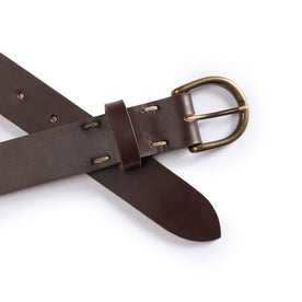 editorial image of the buckle and belt loops on The Foundation Belt in Dark Brown, Accessories by Taylor Stitch