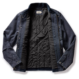 flatlay of The Workhorse Jacket in Navy Chipped Canvas, shown open, Outerwear by Taylor Stitch