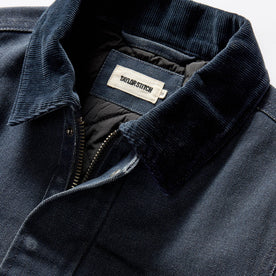 material shot of the corduroy collar on The Workhorse Jacket in Navy Chipped Canvas, Outerwear by Taylor Stitch