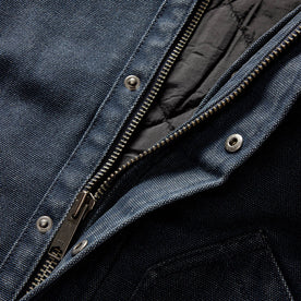 material shot of the YKK zipper on The Workhorse Jacket in Navy Chipped Canvas, Outerwear by Taylor Stitch