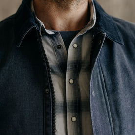 fit model showing the front of The Workhorse Jacket in Navy Chipped Canvas, Outerwear by Taylor Stitch