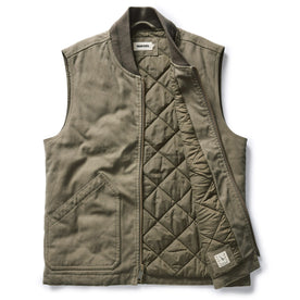 flatlay of The Workhorse Vest in Stone Boss Duck, shown open, Outerwear by Taylor Stitch