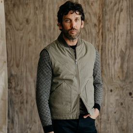 fit model in The Workhorse Vest in Stone Boss Duck, Outerwear by Taylor Stitch