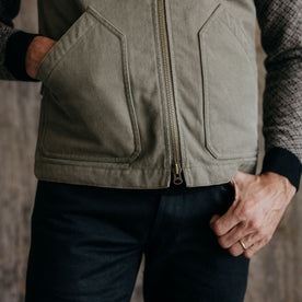 fit model showing the front of The Workhorse Vest in Stone Boss Duck, Outerwear by Taylor Stitch