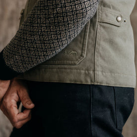 fit model showing the side of The Workhorse Vest in Stone Boss Duck, Outerwear by Taylor Stitch