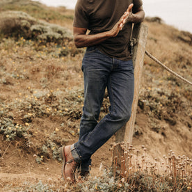 fit model in The Democratic Brushed Back Jean in Collins Resin Wash Selvage Denim, Bottoms by Taylor Stitch