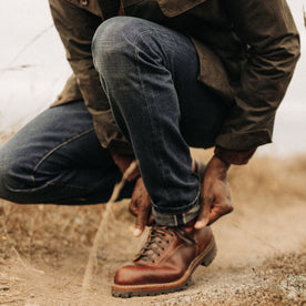 fit model cuffing The Democratic Brushed Back Jean in Collins Resin Wash Selvage Denim, Bottoms by Taylor Stitch