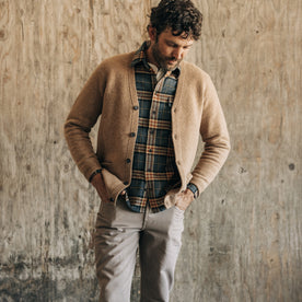 fit model in The Eddy Cardigan in Camel Herringbone Merino, Knits by Taylor Stitch