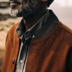 fit model showing the collar on The Bomber Jacket in Tarnished Copper Moleskin, Outerwear by Taylor Stitch