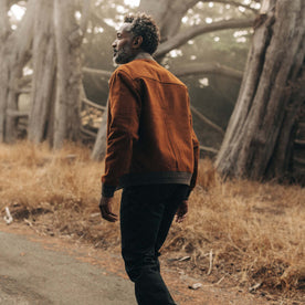 fit model showing the back of The Bomber Jacket in Tarnished Copper Moleskin, Outerwear by Taylor Stitch