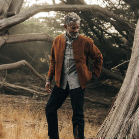 fit model walking in The Bomber Jacket in Tarnished Copper Moleskin, Outerwear by Taylor Stitch