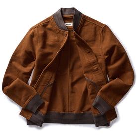 flatlay of The Bomber Jacket in Tarnished Copper Moleskin, shown open, Outerwear by Taylor Stitch