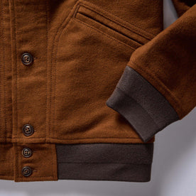 material shot of the ribbed cuffs and hem on The Bomber Jacket in Tarnished Copper Moleskin, Outerwear by Taylor Stitch