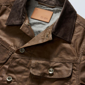 material shot of the collar on The Long Haul Jacket in Dark Khaki Waxed Canvas, Outerwear by Taylor Stitch