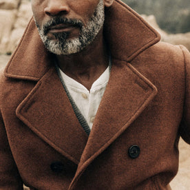 fit model showing the front of The Mariner Coat in Tarnished Copper Wool, Outerwear by Taylor Stitch