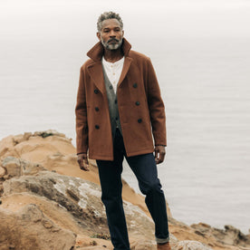 fit model in The Mariner Coat in Tarnished Copper Wool, Outerwear by Taylor Stitch