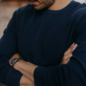 fit model in The Organic Cotton Waffle Crew Dark Navy, Knits by Taylor Stitch