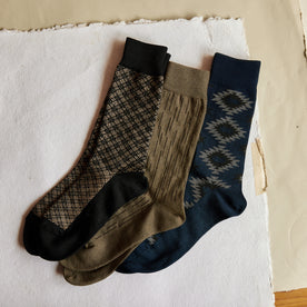 The Crew Sock in Coal Jacquard, Navy Kilim and Raindrop Camo, Accessories by Taylor Stitch