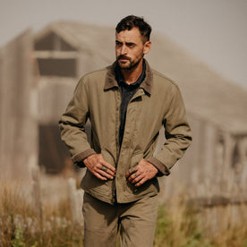 fit model wearing The Workhorse Jacket in Stone Boss Duck, Outerwear by Taylor Stitch