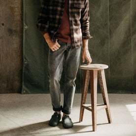 fit model showing the front of The Democratic Jean in Black 1-Year Wash Selvage Denim, Bottoms by Taylor Stitch