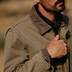 fit model showing the corduroy collar on The Workhorse Jacket in Stone Boss Duck, Outerwear by Taylor Stitch