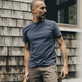 fit model in The Organic Cotton Tee in Navy, Knits by Taylor Stitch